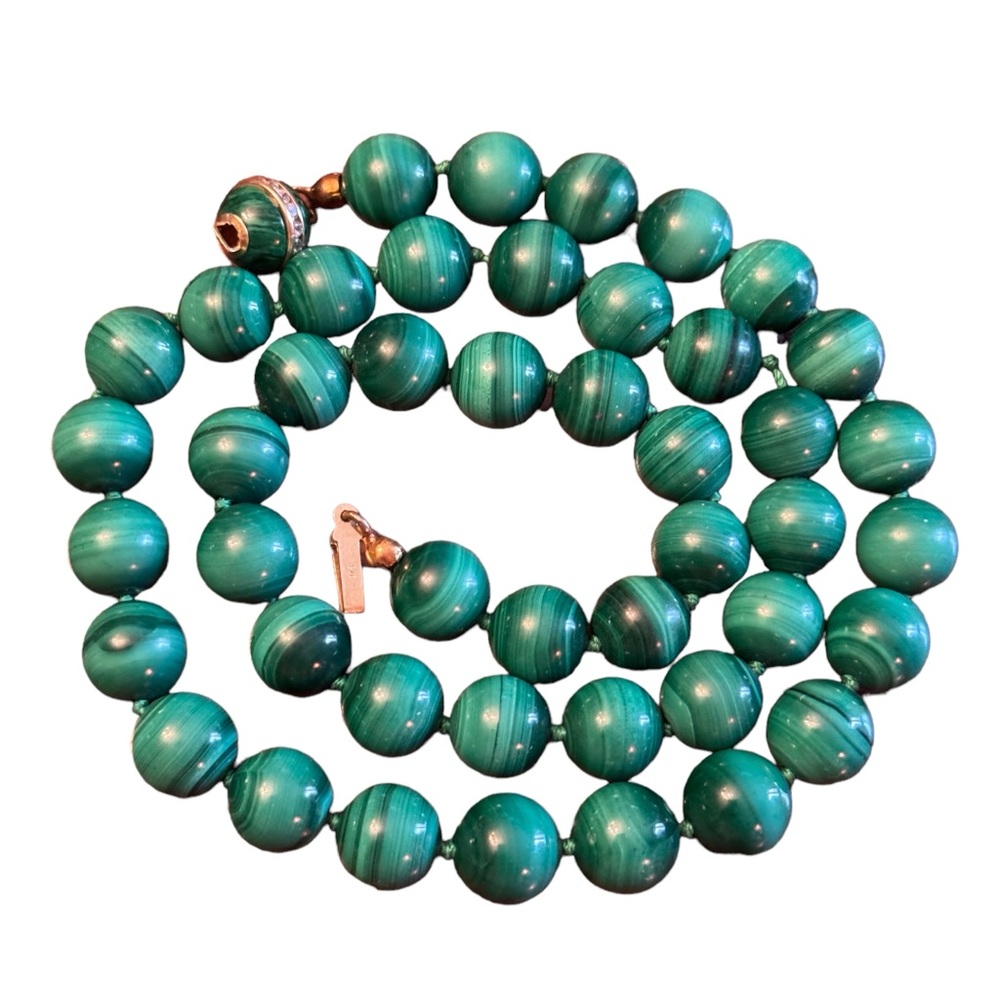 Vintage Malachite stone bead necklace with 9k Gold